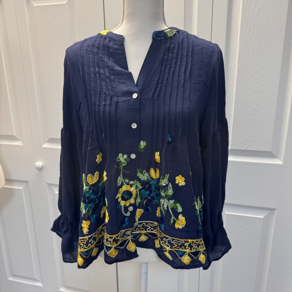Hope Springs Navy Blue Embroidered Floral Boho Peasant Blouse Pintuck Top M